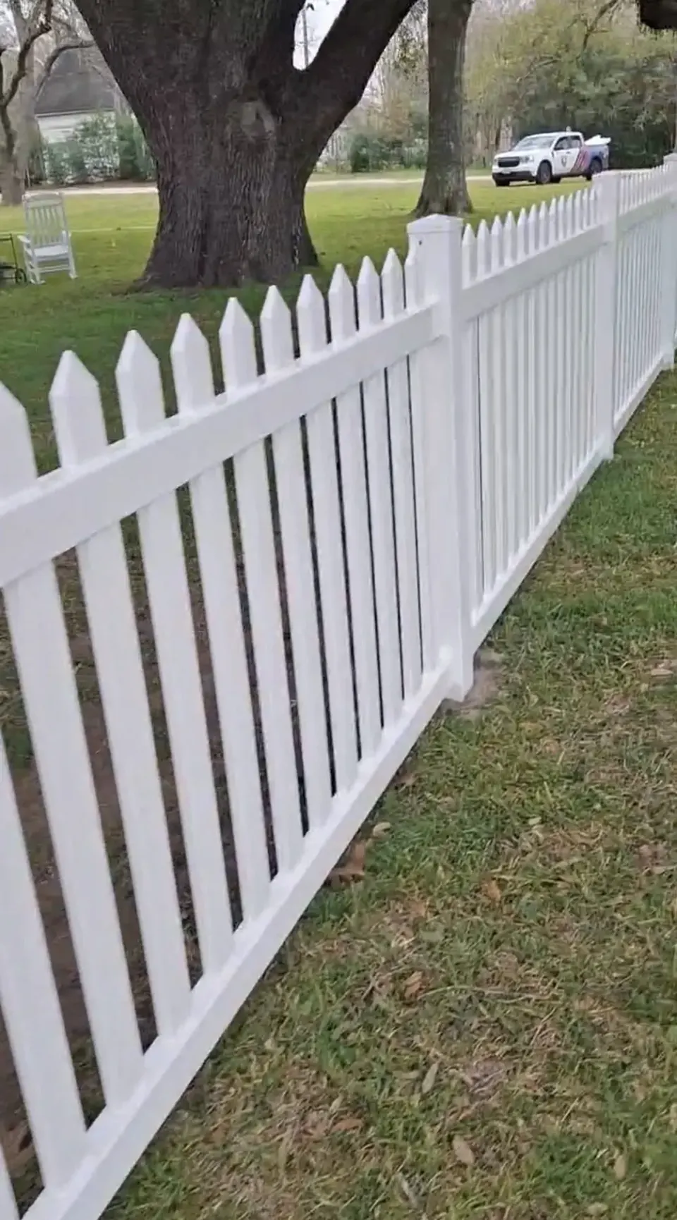 Newly installed white vinyl picket fence under oak trees in Sealy